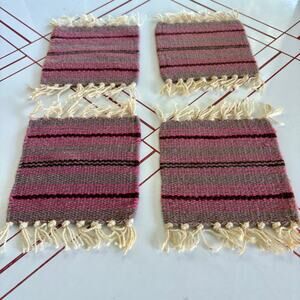 Vintage Handwoven Wool Coasters Set of 4 Fringed Mug Rugs